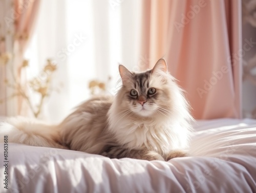 A big beautiful cat lies on the bed and looks at you. Happy fluffy pet. Siberian breed. Bright room, modern interior. Soft light