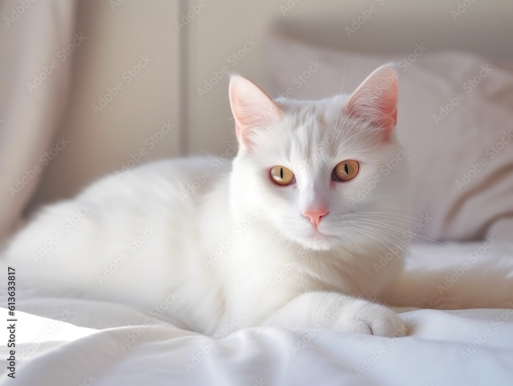 A big beautiful cat lies on the bed and looks at you. Happy fluffy pet. Turkish Van breed. Bright room, modern interior. Soft light