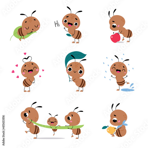 Cute Brown Little Ant Engaged in Different Activity Vector Set