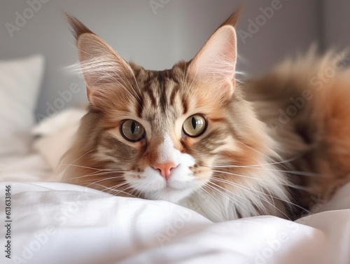 A big beautiful cat lies on the bed and looks at you. Happy fluffy pet. Maine Coon breed. Bright room, modern interior. Soft light