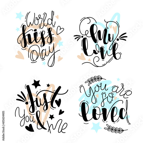 Love lettering quotes. Romantic valentines day messages, handwritten lettering romantic phrases. Positive love quote vector illustration set.