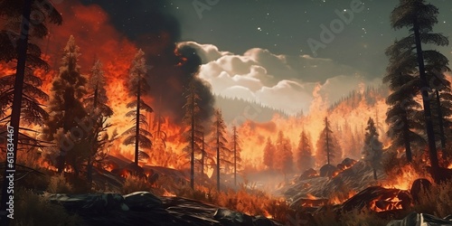 Man-made disaster - a fire in a wild forest. Created with generative AI tools © Jūlija