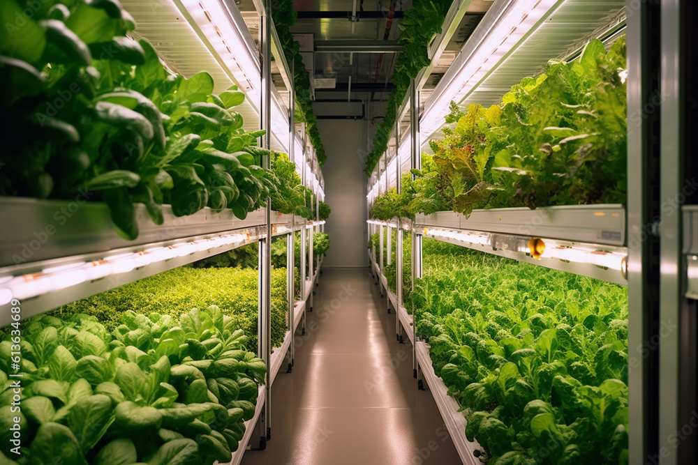 a vertical indoor farm, rows of leafy greens under LED lights a vertical indoor farm, rows of leafy greens under LED lights