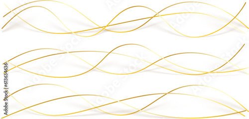 3d wavy gold lines swoosh on white background. Luxury beauty thin curves, swirl as stream flow pattern. Soft geometric shapes as silk fiber or fablic shiny decoration.