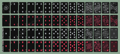 Gray Red and Black playing printable vector cards for gambling (poker, bridge), deck of 52 cards. Silhouette a portrait of the King, Queen, Jack and Joker and 4 suits spades, hearts, diamonds, clubs.