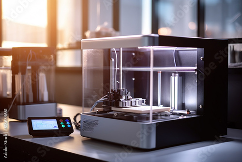 A 3D printer creating a sustainable product, showcasing additive manufacturing, photo