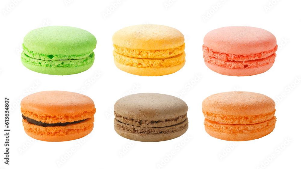 Set of colorful macaron pastries isolated png with transparency