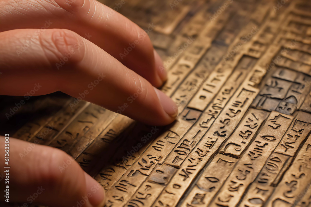 Main qui décode un hiéroglyphe. Photo générée par IA - obrazy, fototapety, plakaty 