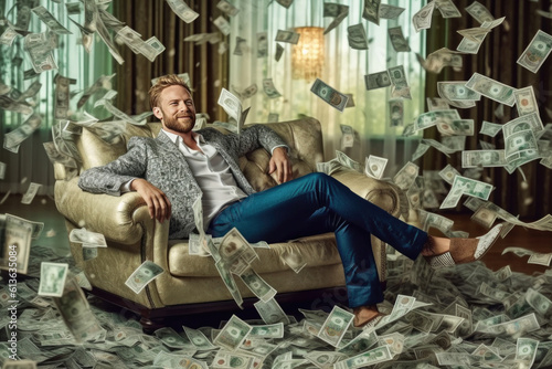 Jackpot winner in the lottery, rich man under money rain