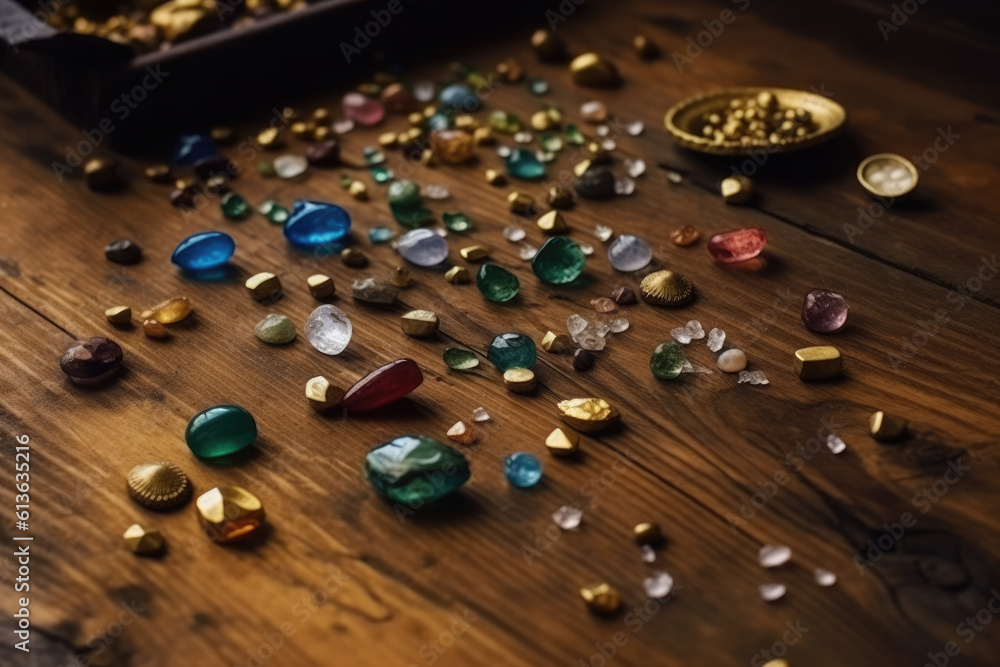 Treasure hunting. Mining for gems. Gold and gems on rough wooden surface. Treasure hunting. Mining for gems. Gold and gems on rough wooden surface.