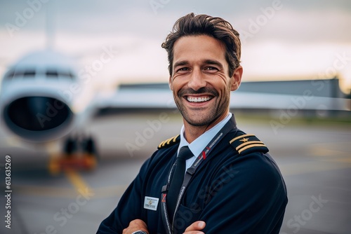 Portrait of smiling pilot standing with arms crossed in front of airplane photo