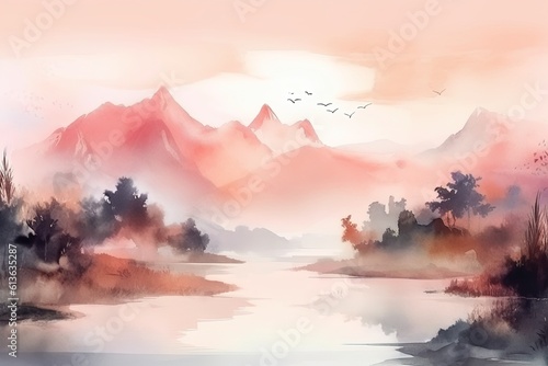 watercolor landscape lake and mountains in autumn at dawn in japanese style. generated ai