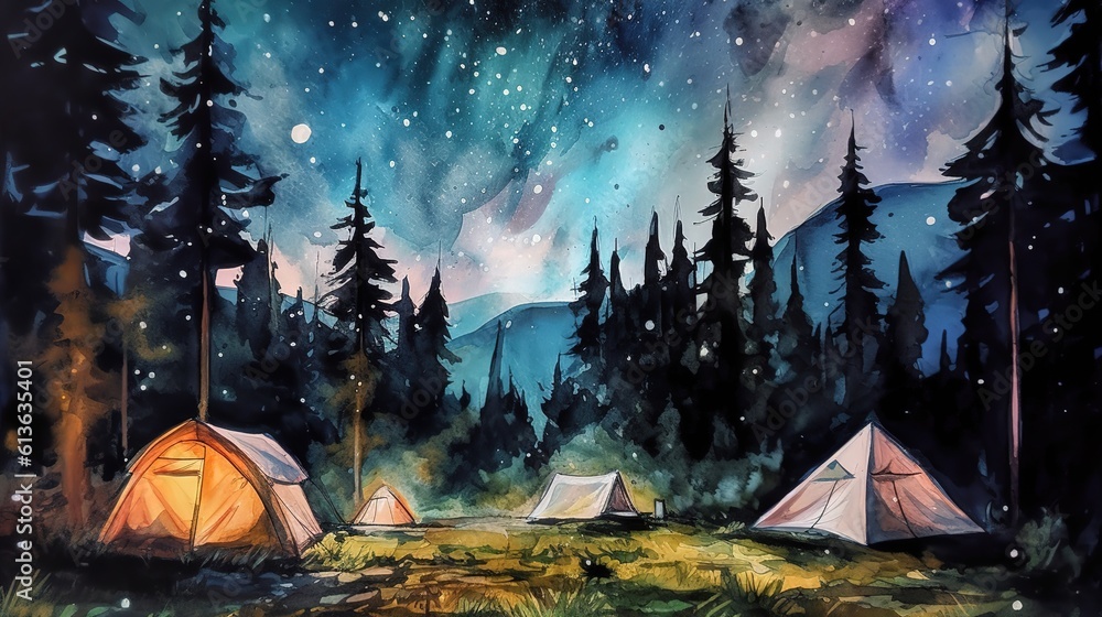 watercolor night landscape camping in the forest in the mountains under the starry sky. generated ai
