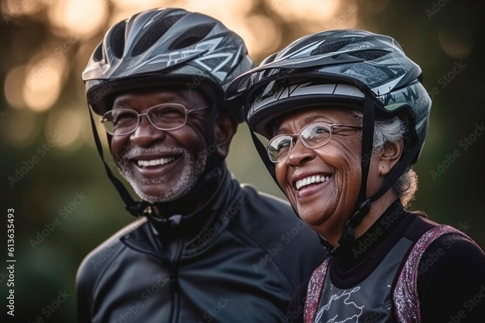 Adult couple of old black people wearing protective helmet together, pensioners active lifestyle Adult couple of old black people wearing protective helmet together, pensioners active lifestyle