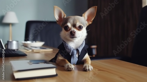 cute chihuahua in a business suit at the table in the office. generated ai © Маргарита Вайс