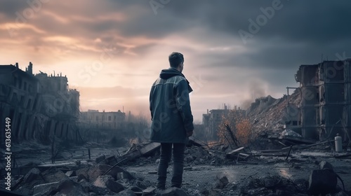 a man in a jacket stands in a city destroyed by war or a disaster at dawn, a view from the back. generated ai