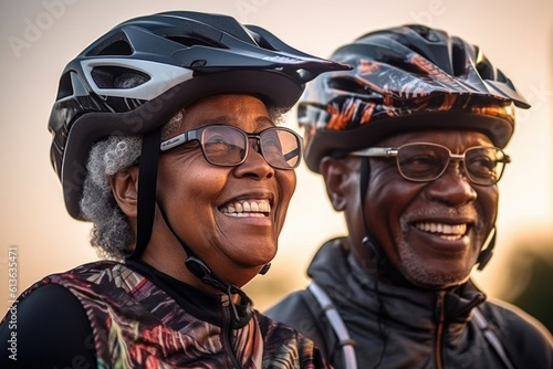 Adult couple of old black people wearing protective helmet together, pensioners active lifestyle