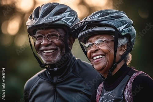 Adult couple of old black people wearing protective helmet together, pensioners active lifestyle © Goffkein