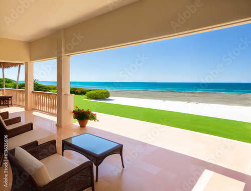 Living beach lounge - ocean villa on Sea view for vacation and summer, generative ai. Amazing nature, beach view, relax, vacation concept © supersomik