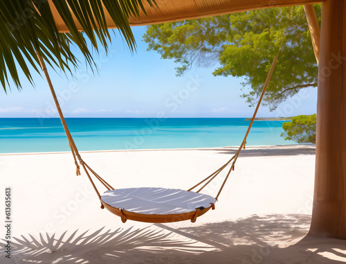 View of cozy hanging seat on the tropical white beach, generative ai. Amazing nature, relax, freedom nature concept