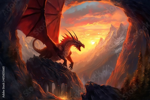 fantasy illustration with a dragon in the mountains at sunset. generated ai