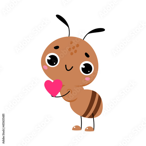 Cute Brown Little Ant Hold Pink Heart and Smiling Vector Illustration