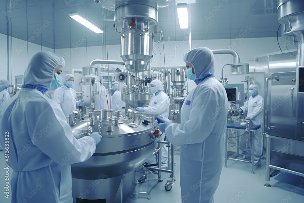 Naklejka premium Pharmaceutical workers testing the quality of production of medicines and cosmetics