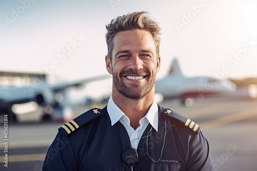 Portrait of handsome pilot smiling and looking at camera while standing in airport