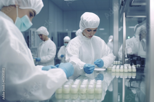 Pharmaceutical workers testing the quality of production of medicines and cosmetics