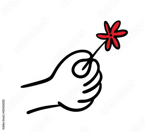 Doodle cartoon hand holds red flower in its fingers. Vector illustration of tenderness and plants.