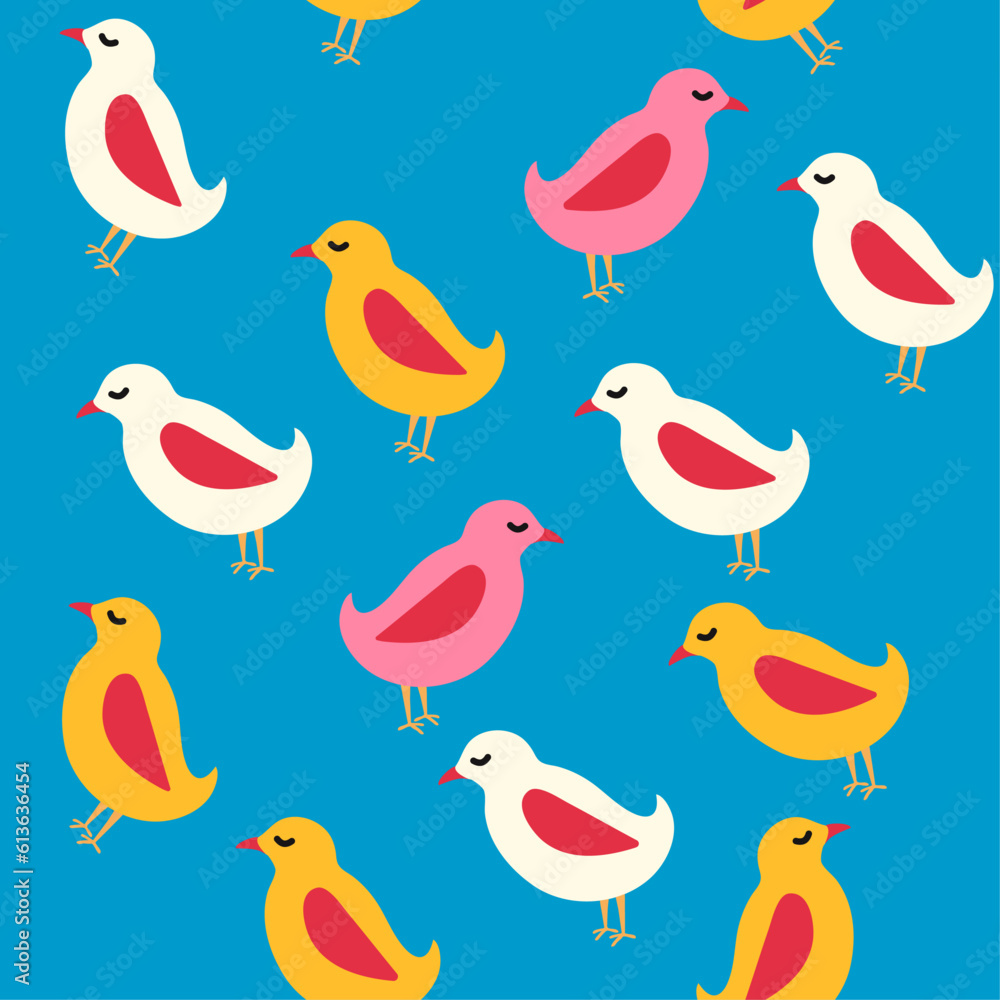 Seamless pattern with trendy birds on a blue background. Character. vector stock illustration. isolated. Background. Groovy Seamless pattern with trendy birds on a blue background. Character. vector stock illustration. isolated. Background. Groovy