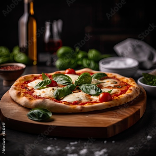Margherita pizza with basil shot on a lifestyle background.