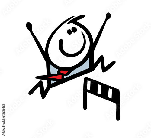 Successful businessman runs, jumps, overcomes obstacles on the way to the goal. Vector illustration of a man succeeds.