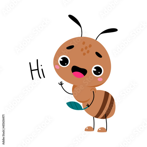 Cute Brown Little Ant Greeting Saying Hi Vector Illustration