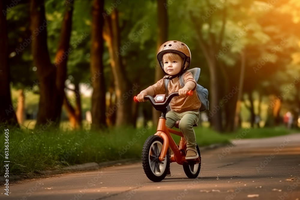 Kid wearing protective helmet rides a bicycle outdoors