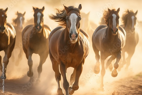Group of horses running gallop in the desert © Goffkein