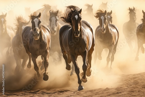 Group of horses running gallop in the desert