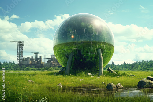 a crystal ball full of green grass and tree with reflections, in the style of nature-inspired imagery, romantic riverscapes, clear edge definition, environmental activism