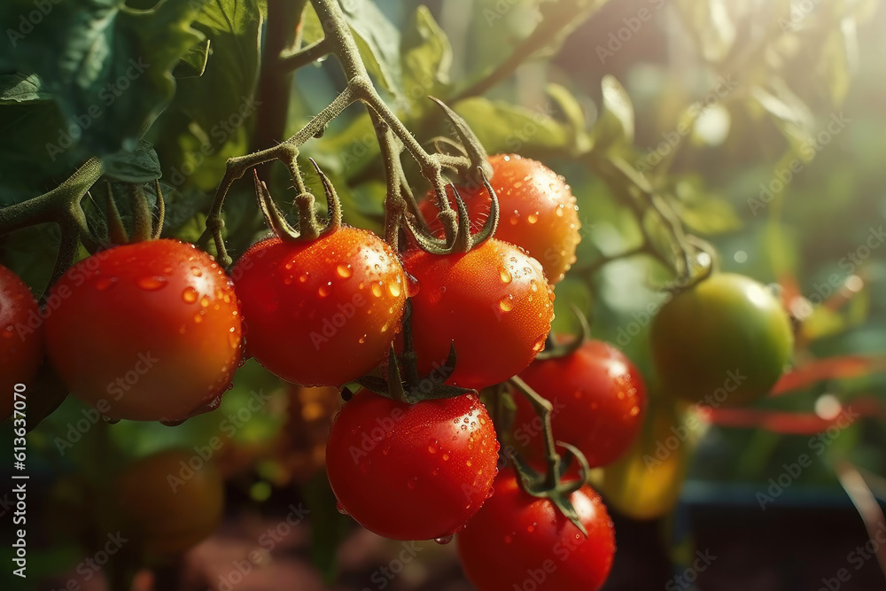 Juicy fresh organic ripe tomatoes branch growing in greenhouse