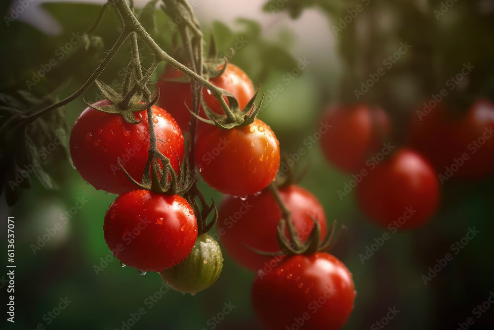 Juicy fresh organic ripe tomatoes branch growing in greenhouse Juicy fresh organic ripe tomatoes branch growing in greenhouse