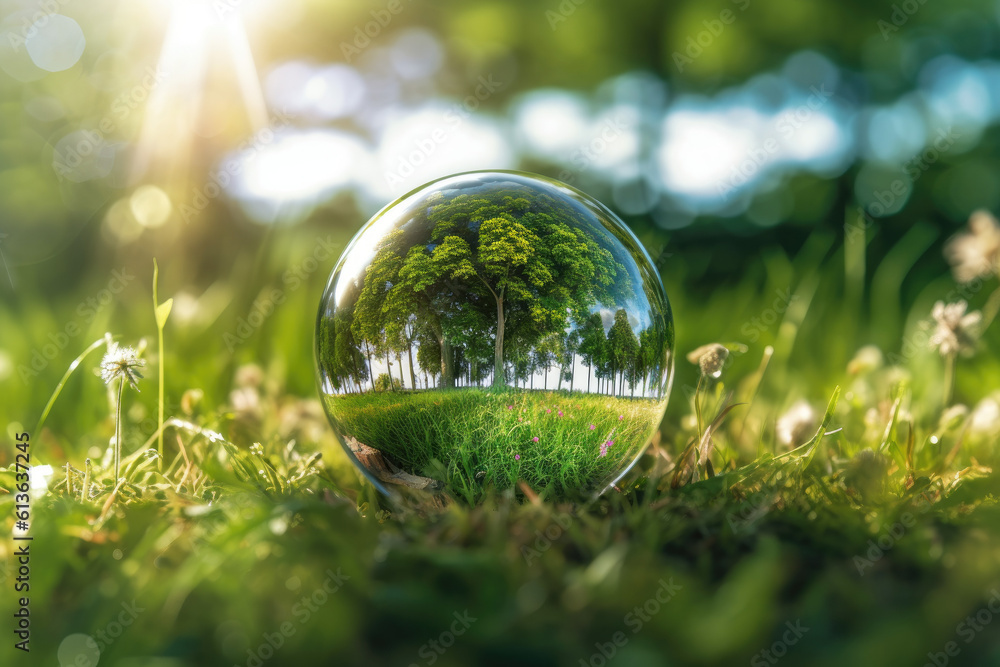 a crystal ball full of green grass and tree with reflections, in the style of nature-inspired imagery, romantic riverscapes, clear edge definition, environmental activism a crystal ball full of green grass and tree with reflections, in the style of nature-inspired imagery, romantic riverscapes, clear edge definition, environmental activism