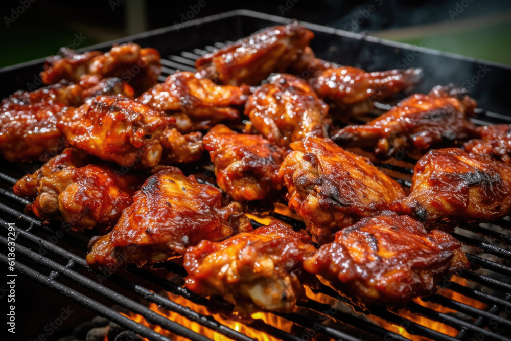 Closeup of chicken wings on a bbq grid. AI generative