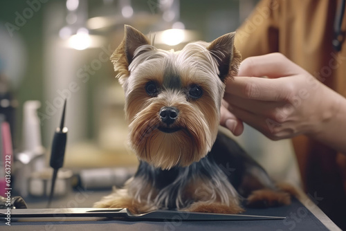 Little cute yorkshire terrier on a haircut at grooming salon