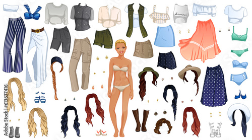 Vacation Outfit Paper Doll with Clothing, Hairstyles and Accessories. Vector Illustration