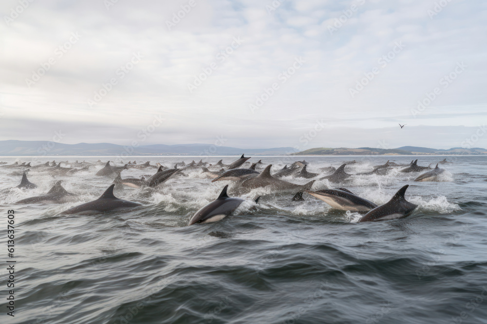 Fototapeta premium A breathtaking shot of a pod of dolphins leaping joyfully out of the water, showcasing their playful nature and strong social bonds