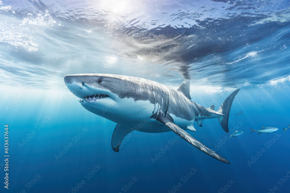 Fototapeta premium A dramatic shot of a great white shark patrolling the deep blue ocean, evoking both awe and a sense of the raw power of these apex predators