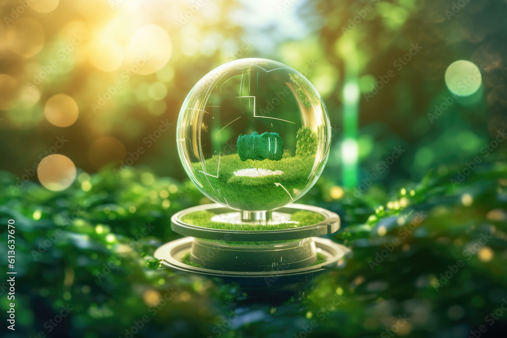 a crystal ball full of green grass and tree with reflections, in the style of nature-inspired imagery, romantic riverscapes, clear edge definition, environmental activism a crystal ball full of green grass and tree with reflections, in the style of nature-inspired imagery, romantic riverscapes, clear edge definition, environmental activism