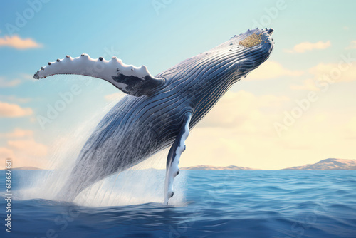 A captivating shot of a magnificent humpback whale breaching the surface of the ocean, showcasing the power and grace of these majestic creatures