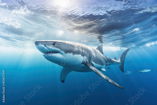 A dramatic shot of a great white shark patrolling the deep blue ocean  evoking both awe and a sense of the raw power of these apex predators