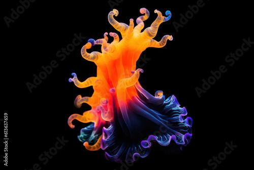 An underwater close-up of a vibrant sea slug, showcasing its intricate body structure and vivid colors, highlighting the incredible diversity of marine invertebrates